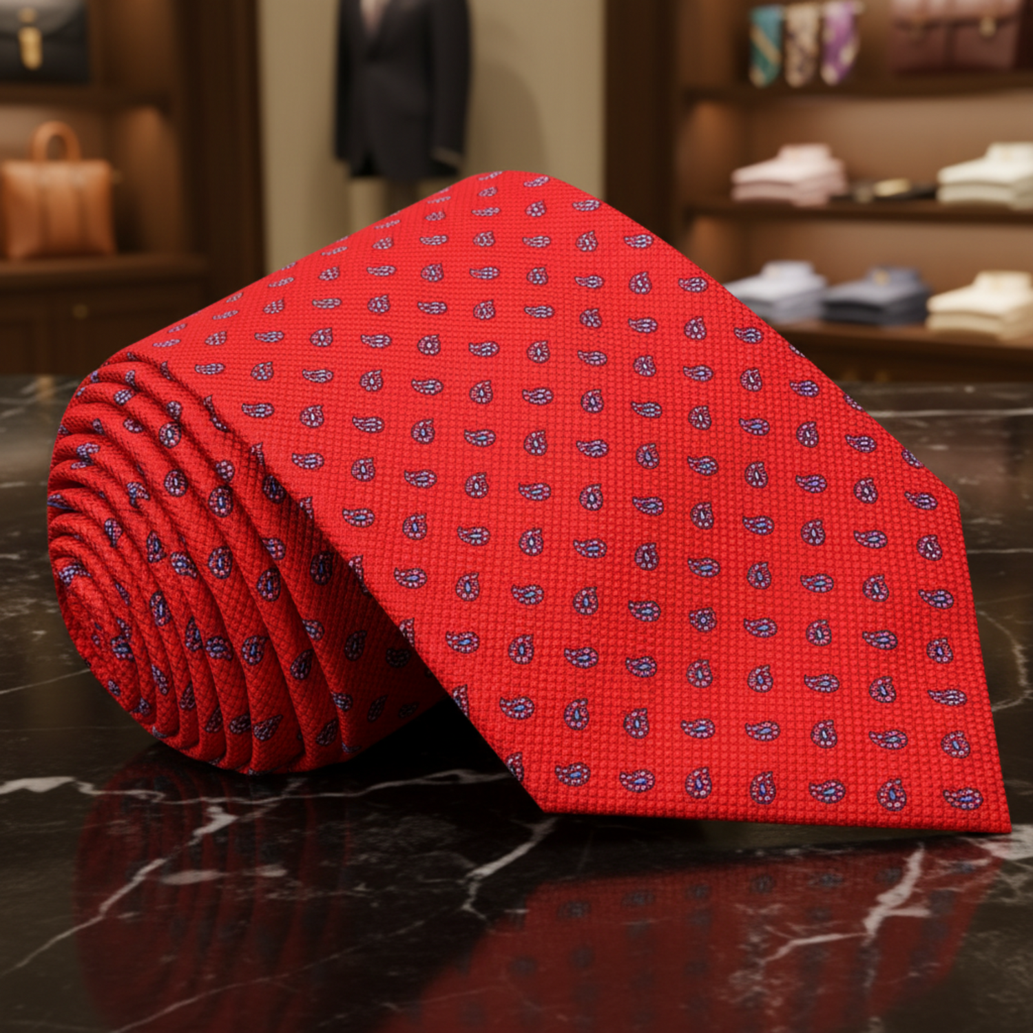 Red tie with small pattern rolled up on a marble table