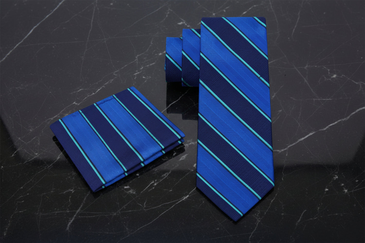 Blue and Green Stripe Necktie and Handkerchief