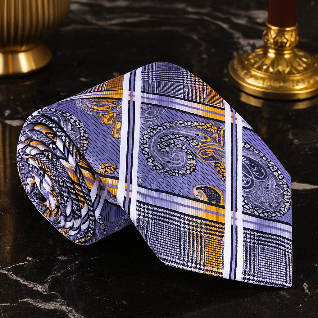 Blue and gold patterned tie on a dark surface