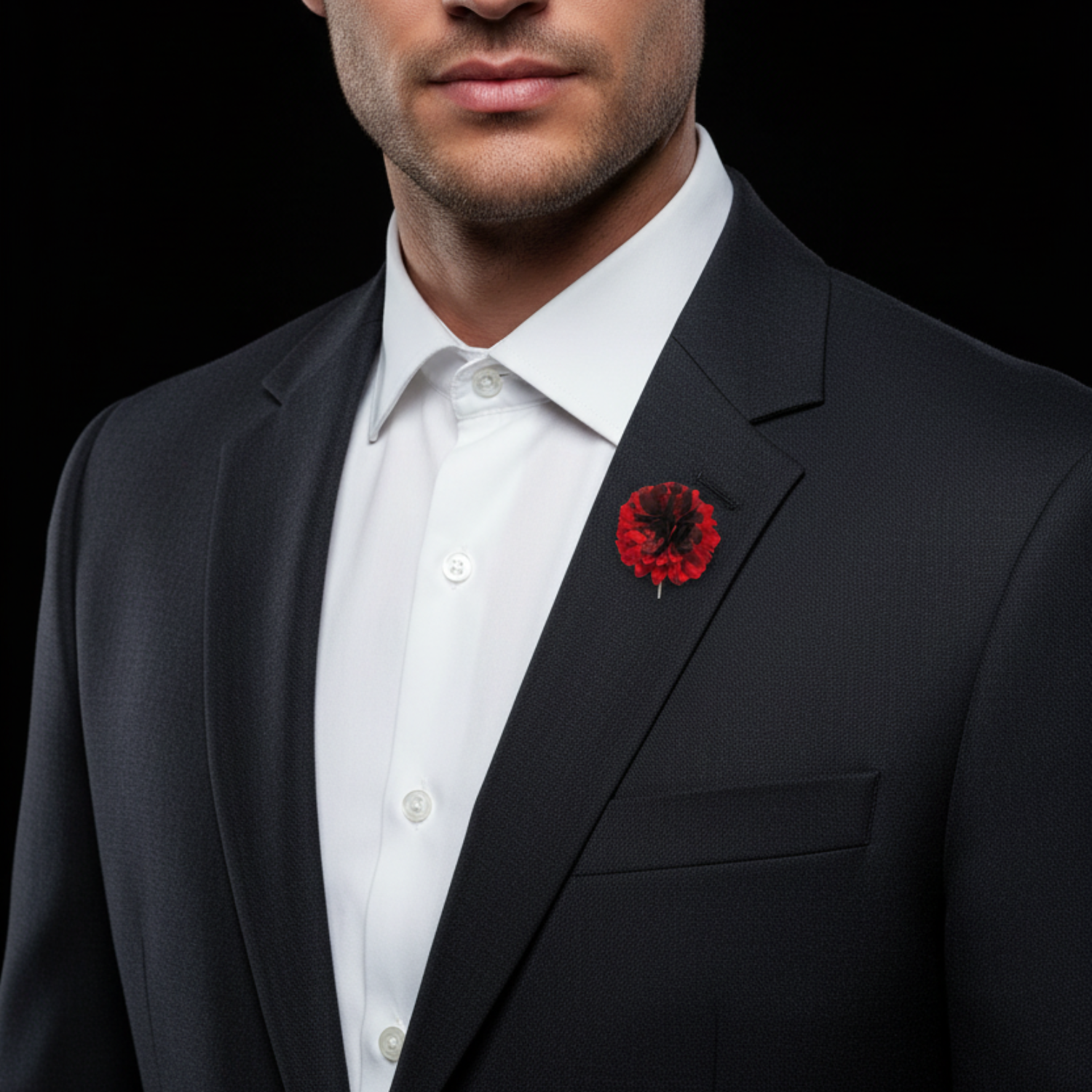 Red and black flower-shaped brooch on man