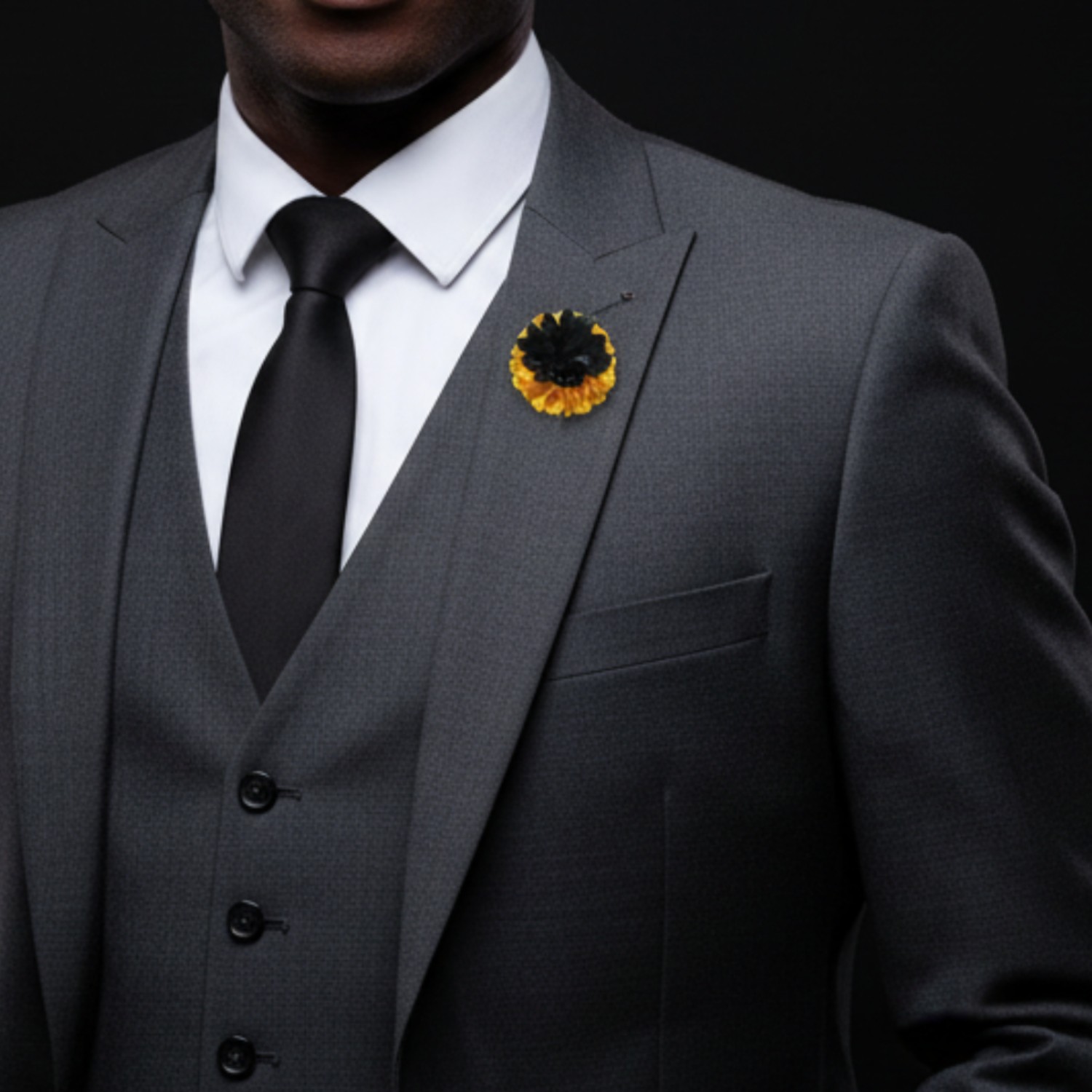 Black and yellow flower brooch on man