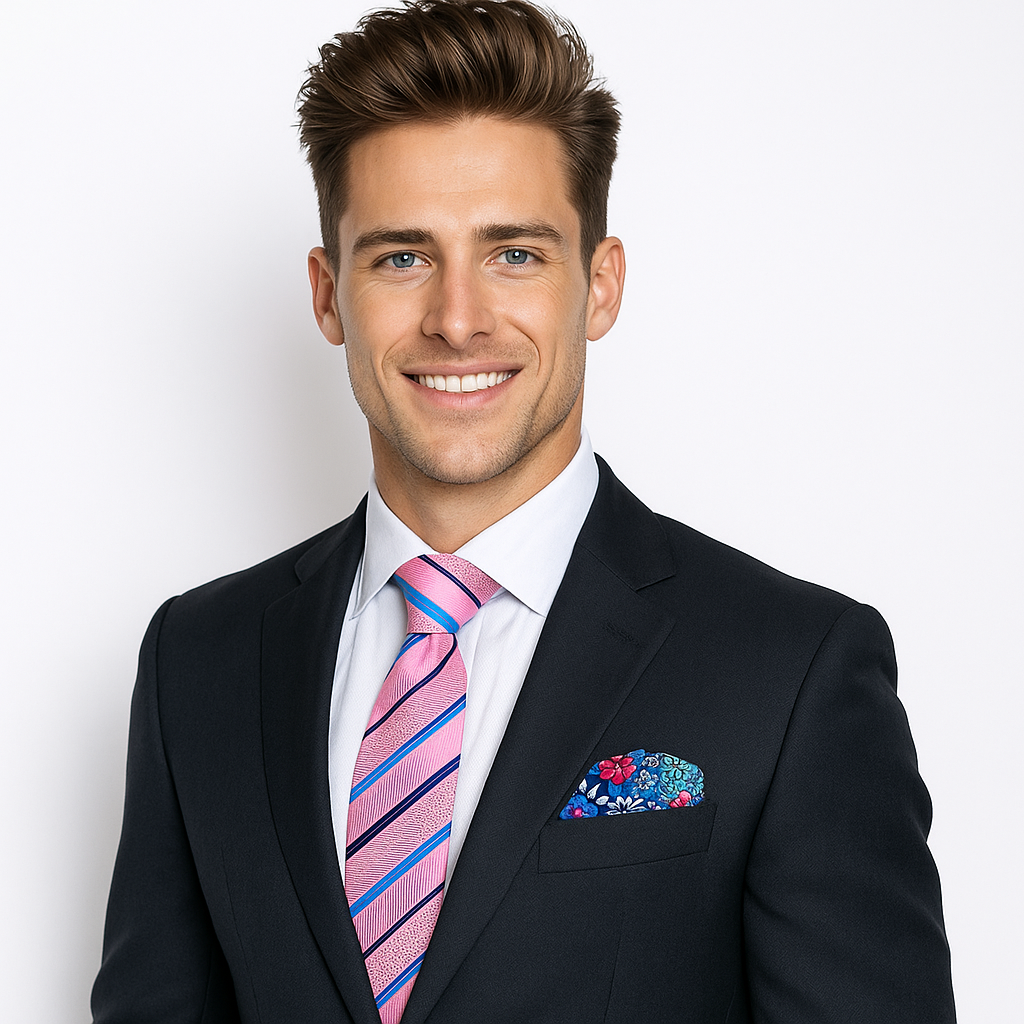 Man wearing a dark suit with a colorful striped tie and pocket square on a white background