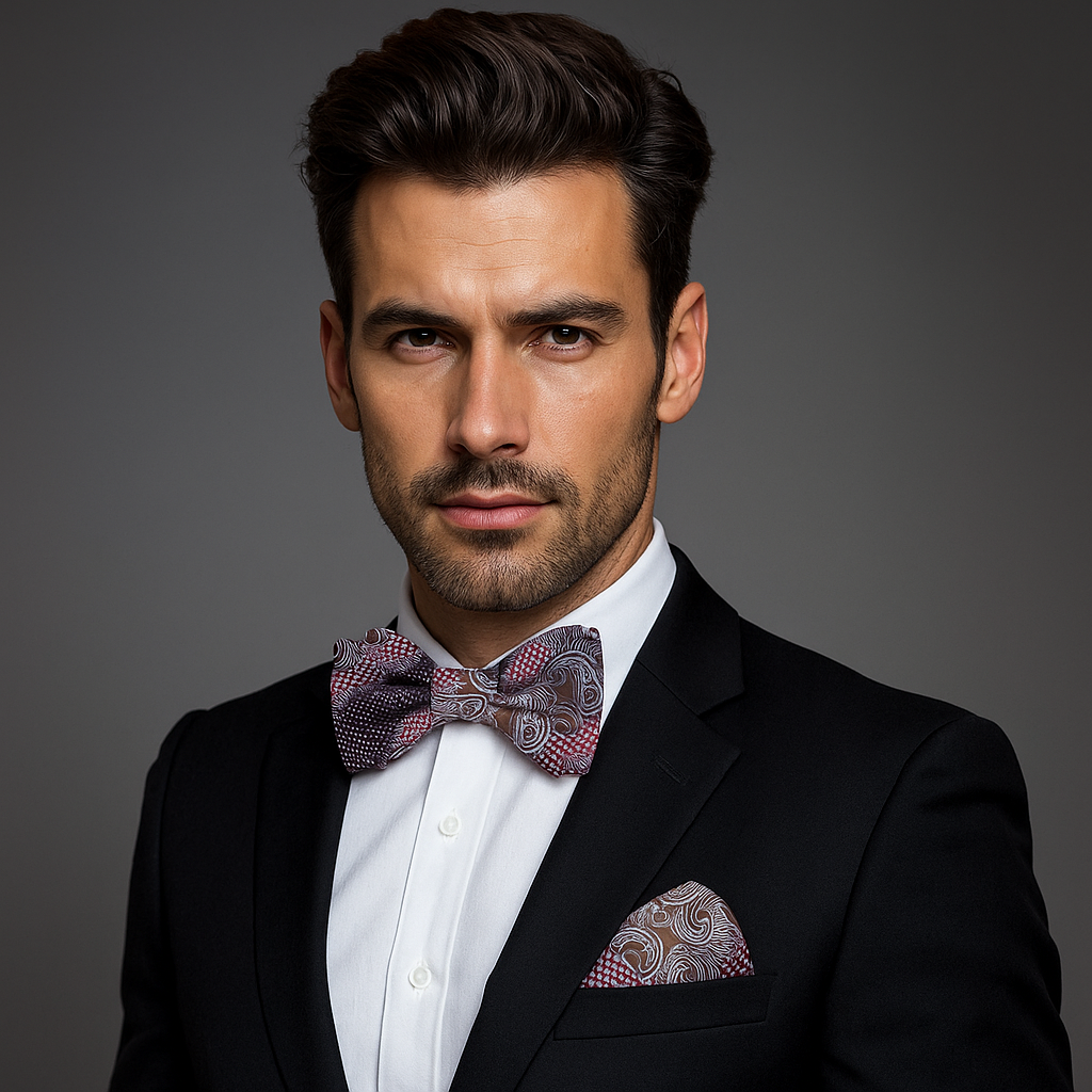 Man wearing a black suit with a patterned bow tie and pocket square on a gray background