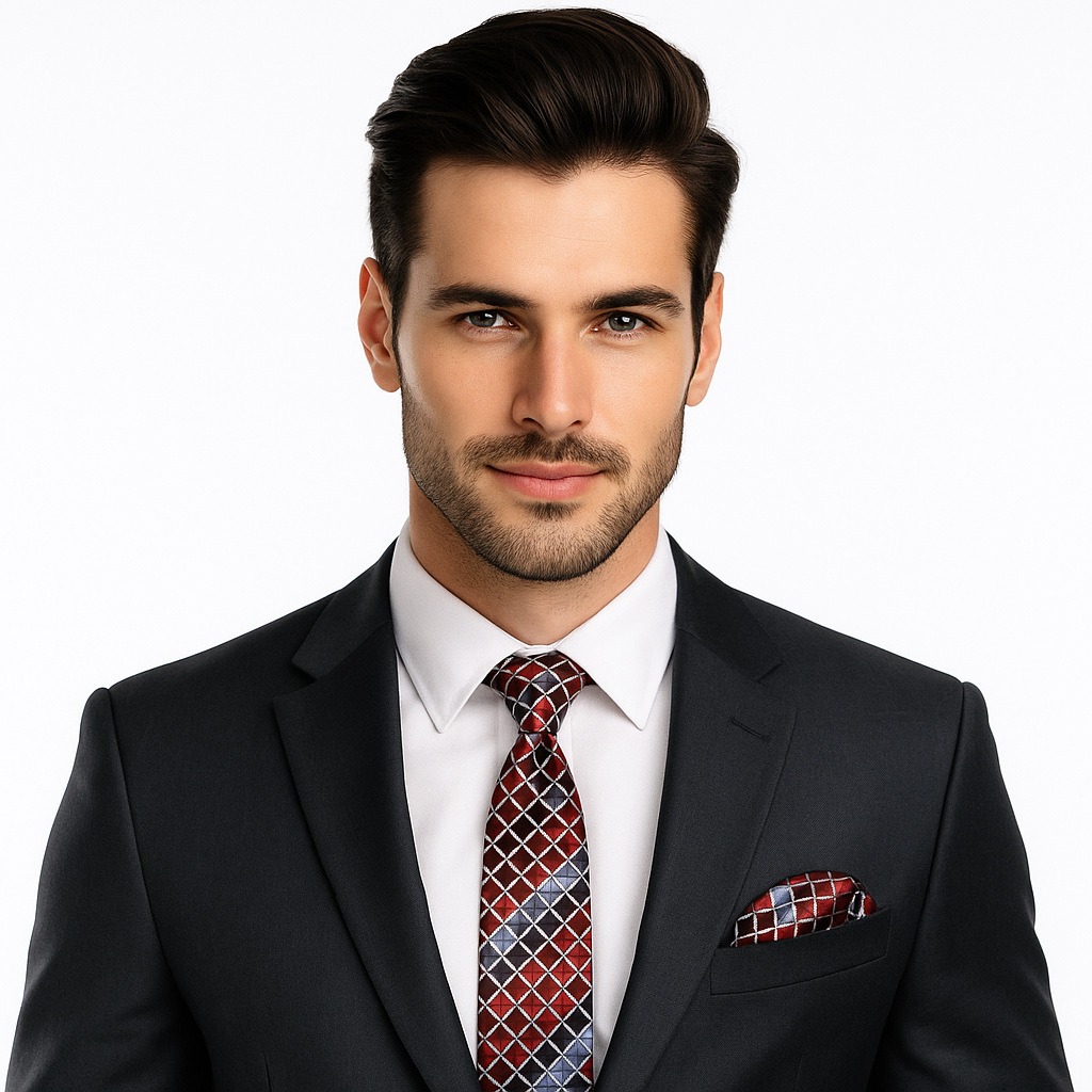 Man wearing a black suit with a patterned tie and pocket square on a white background