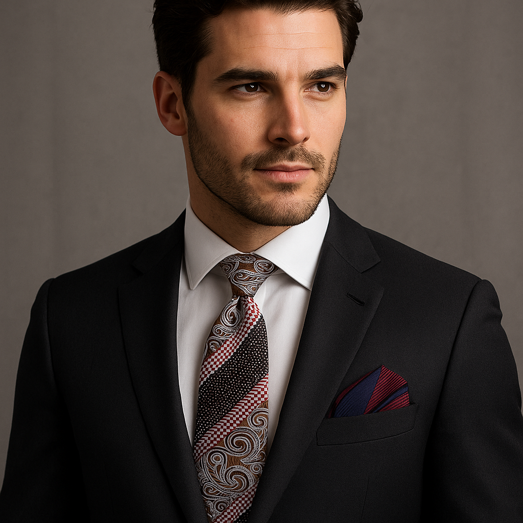 Man wearing a black suit with a patterned tie and pocket square on a gray background