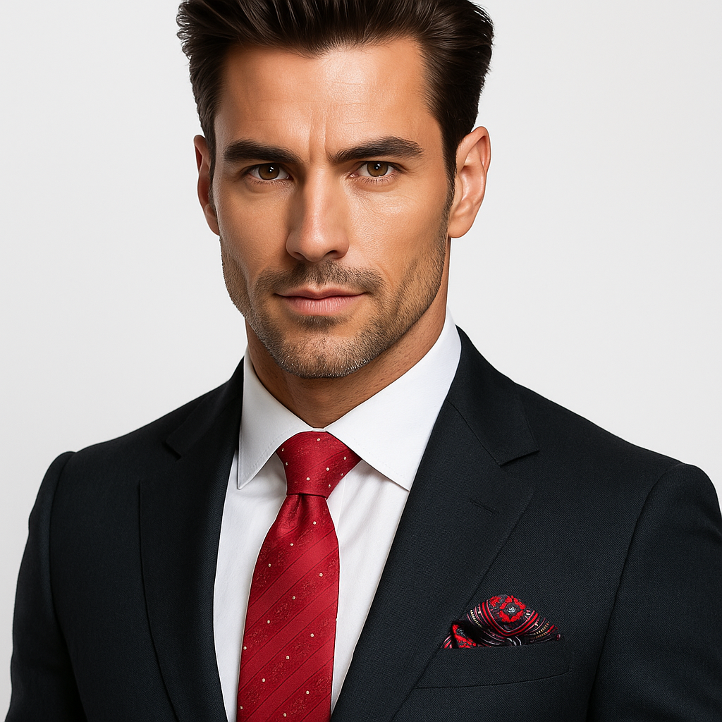Red Necktie and Accenting Square on Man Wearing Suit
