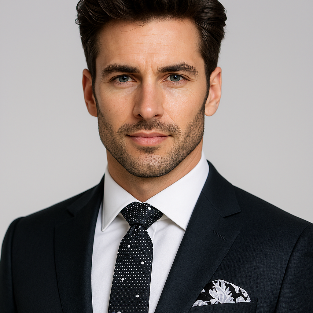 Man wearing a dark suit with a white shirt and patterned tie against a gray background
