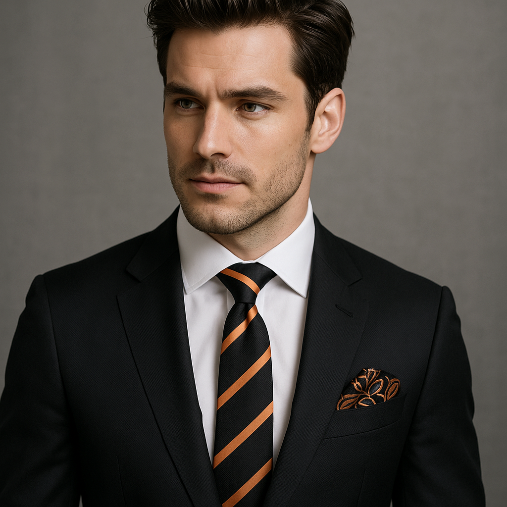 Black, Orange Stripe Tie and Matching Square on man Wearing Black Suit
