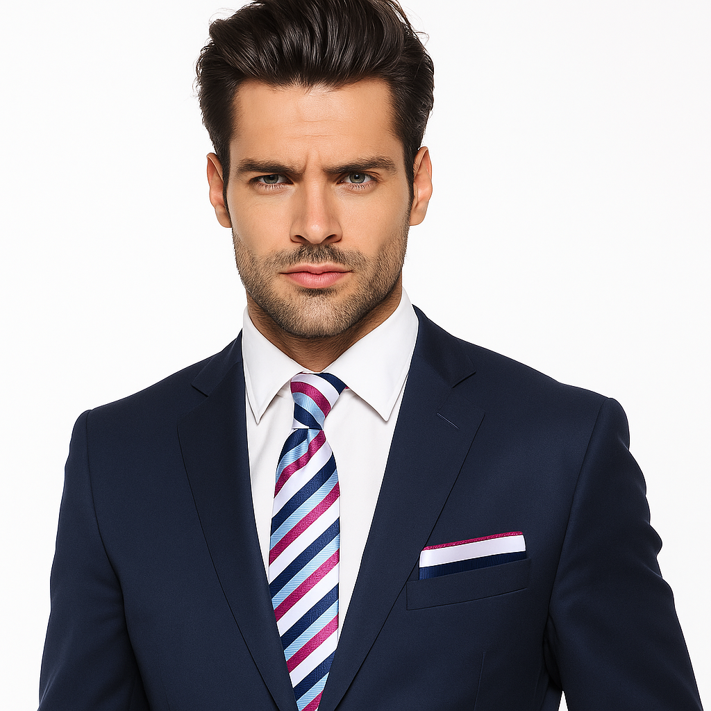 White Blue Pink Stripe Necktie and Matching Square on man wearing suit
