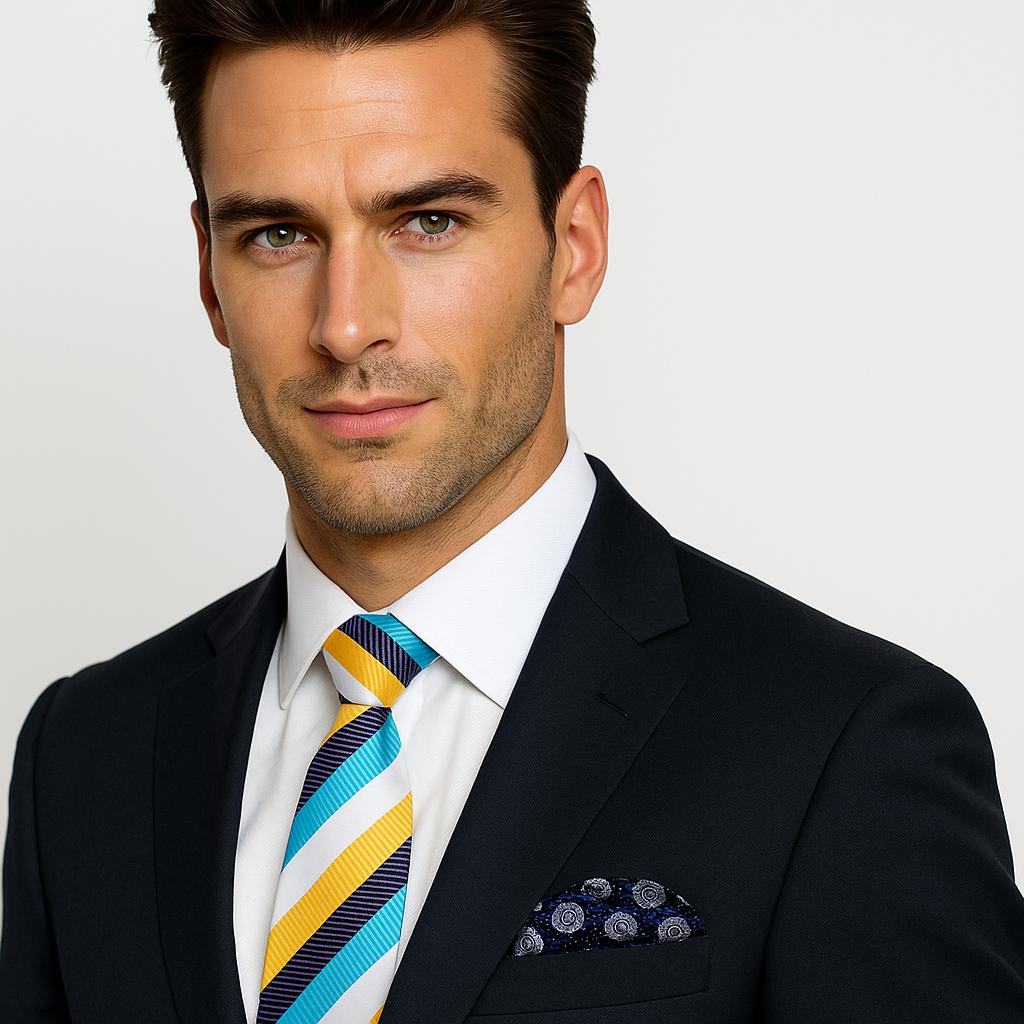 On man White Blue Yellow Stripe Necktie and Accenting Square