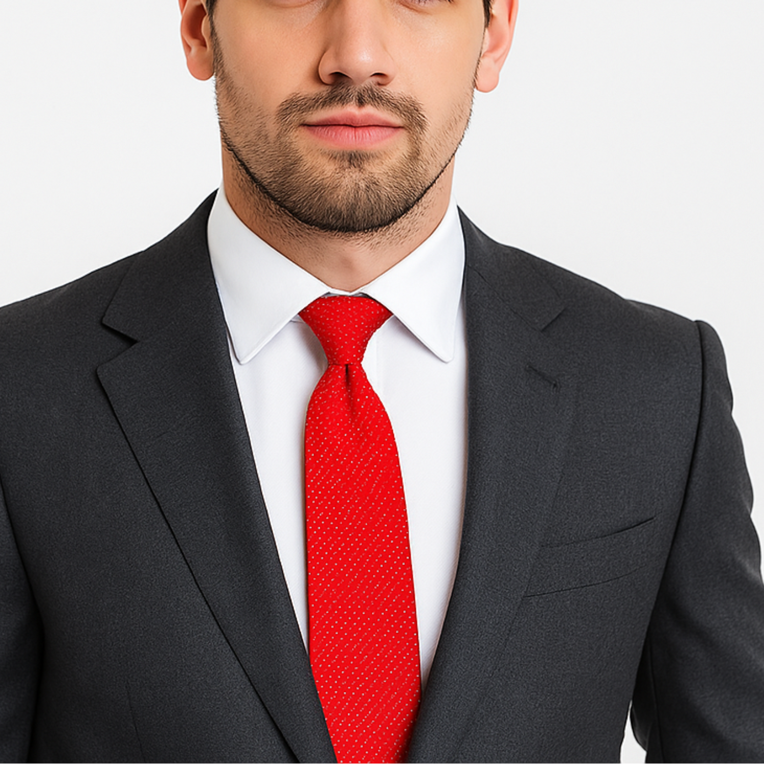 Man wearing a gray suit with a red tie on a white background