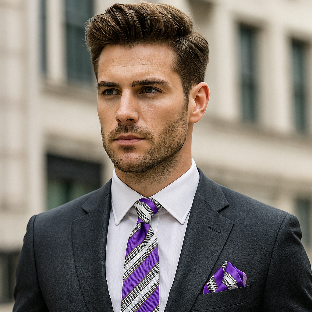 Man wearing a dark suit with a purple and gray striped tie in an urban setting