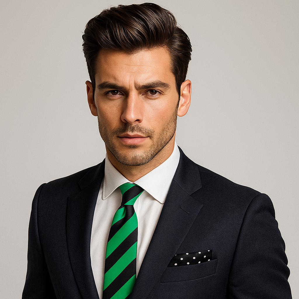 Man wearing a dark suit with a green and black striped tie on a gray background