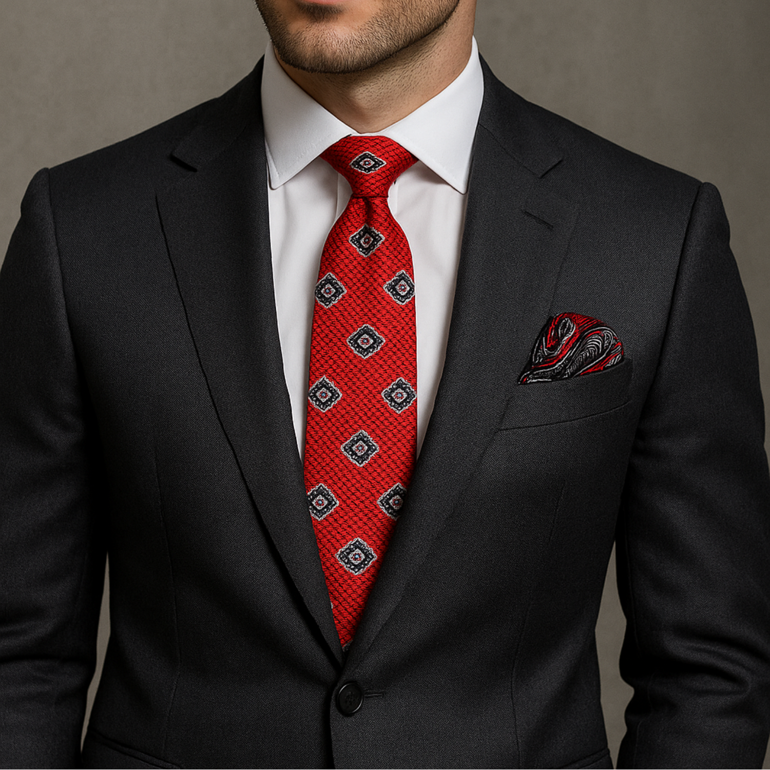 Man wearing beautiful red geometric tie and square