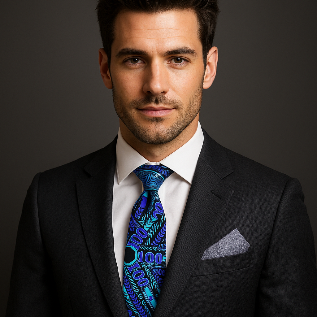 Man wearing a black suit with a blue patterned tie and white shirt against a dark background
