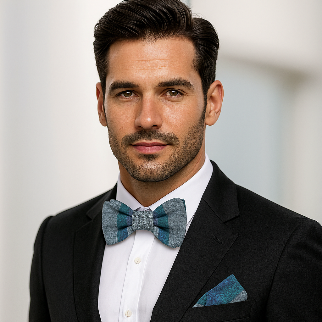 Man wearing a black suit with a blue bow tie and pocket square against a light background
