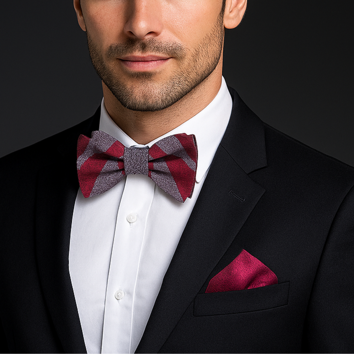 Man wearing a red and green bow tie with red square and black suit