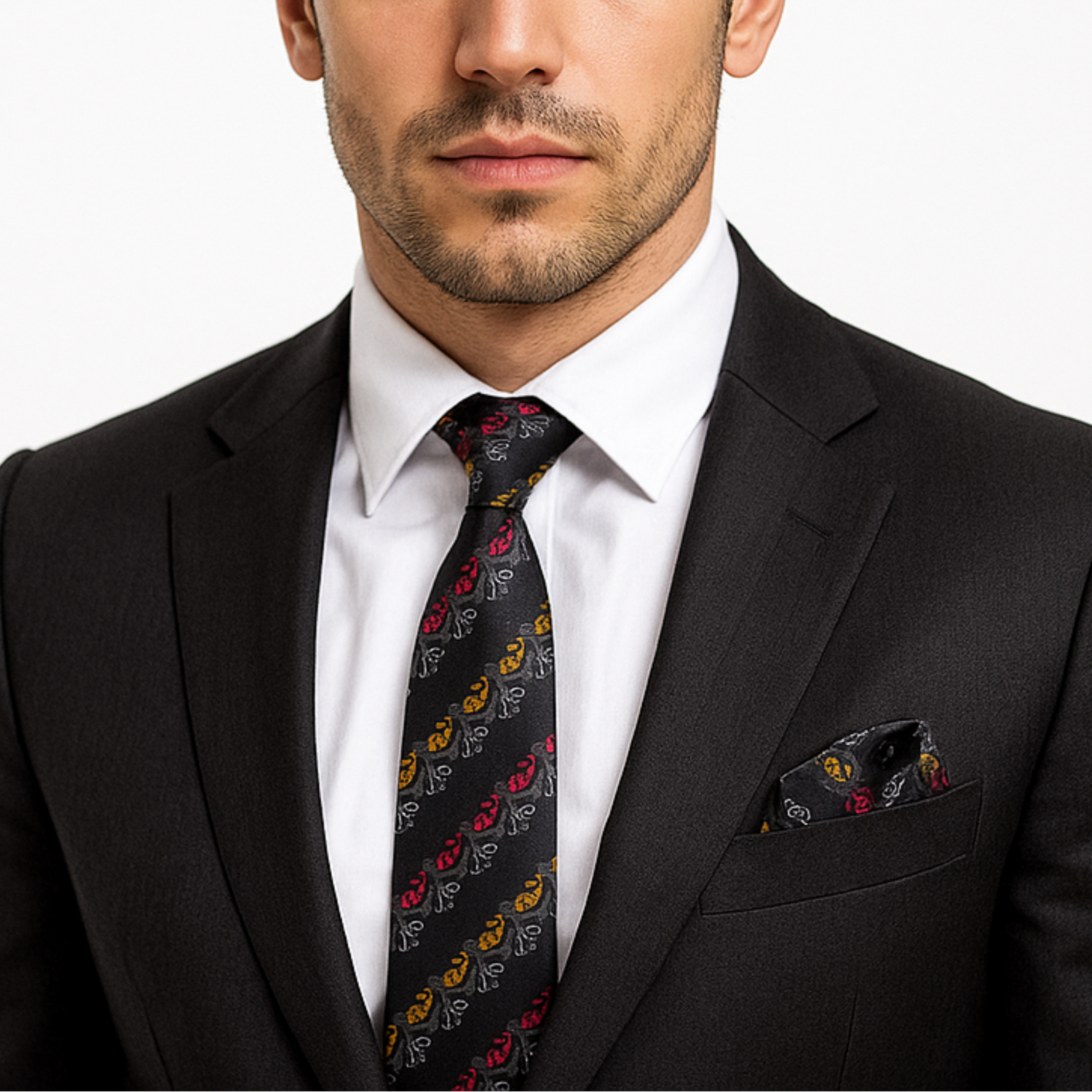 Man wearing a black suit with a patterned tie and pocket square on a white background