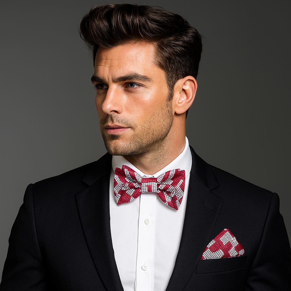 Man wearing a black suit with a red and white checkered bow tie and pocket square on a gray background