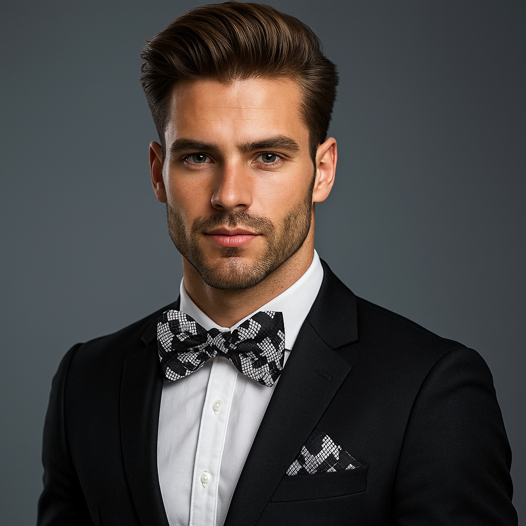 Man wearing a black suit with a patterned bow tie and pocket square on a gray background