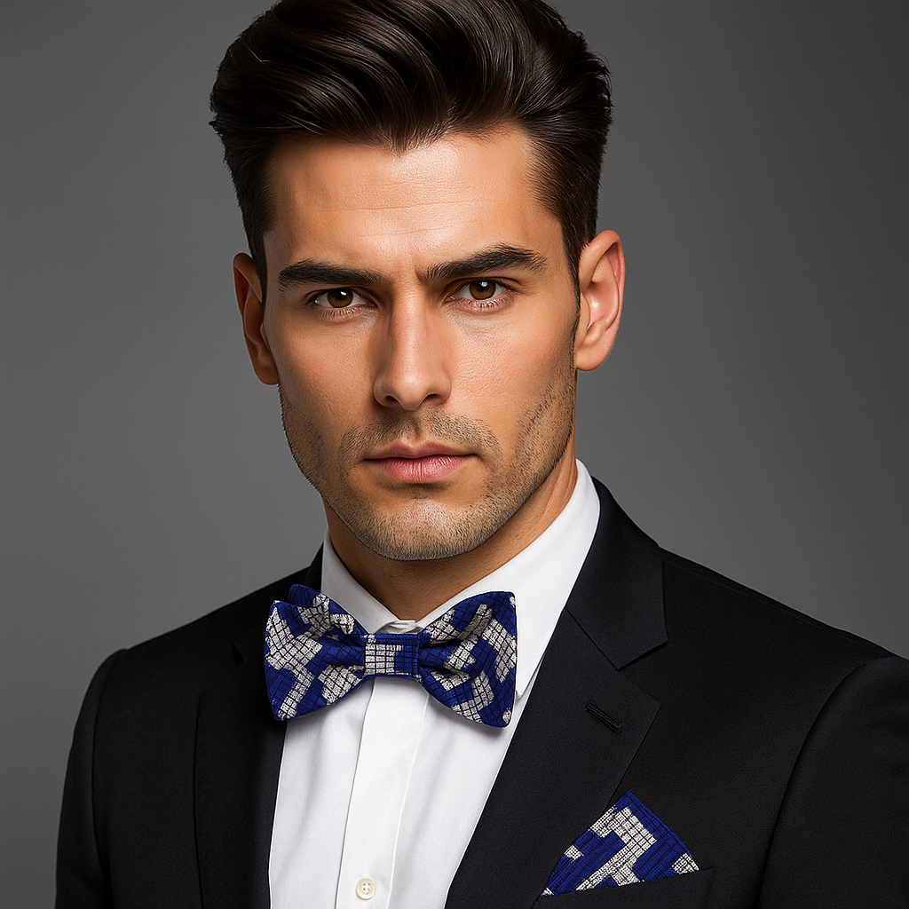 Man wearing a black suit with a blue bow tie and pocket square on a gray background