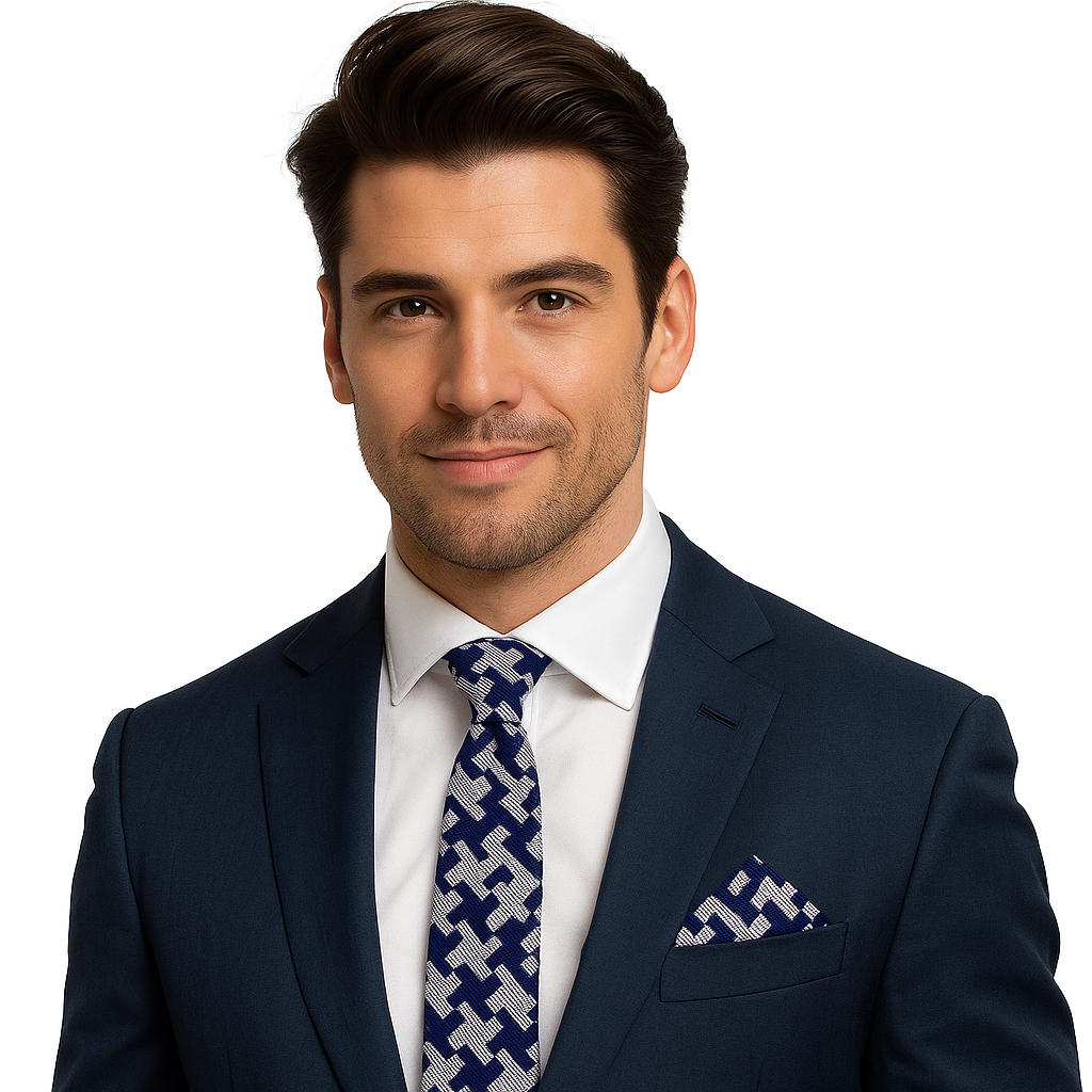 Grey Blue Big Hounds Tooth Necktie and Square on Man Wearing suit