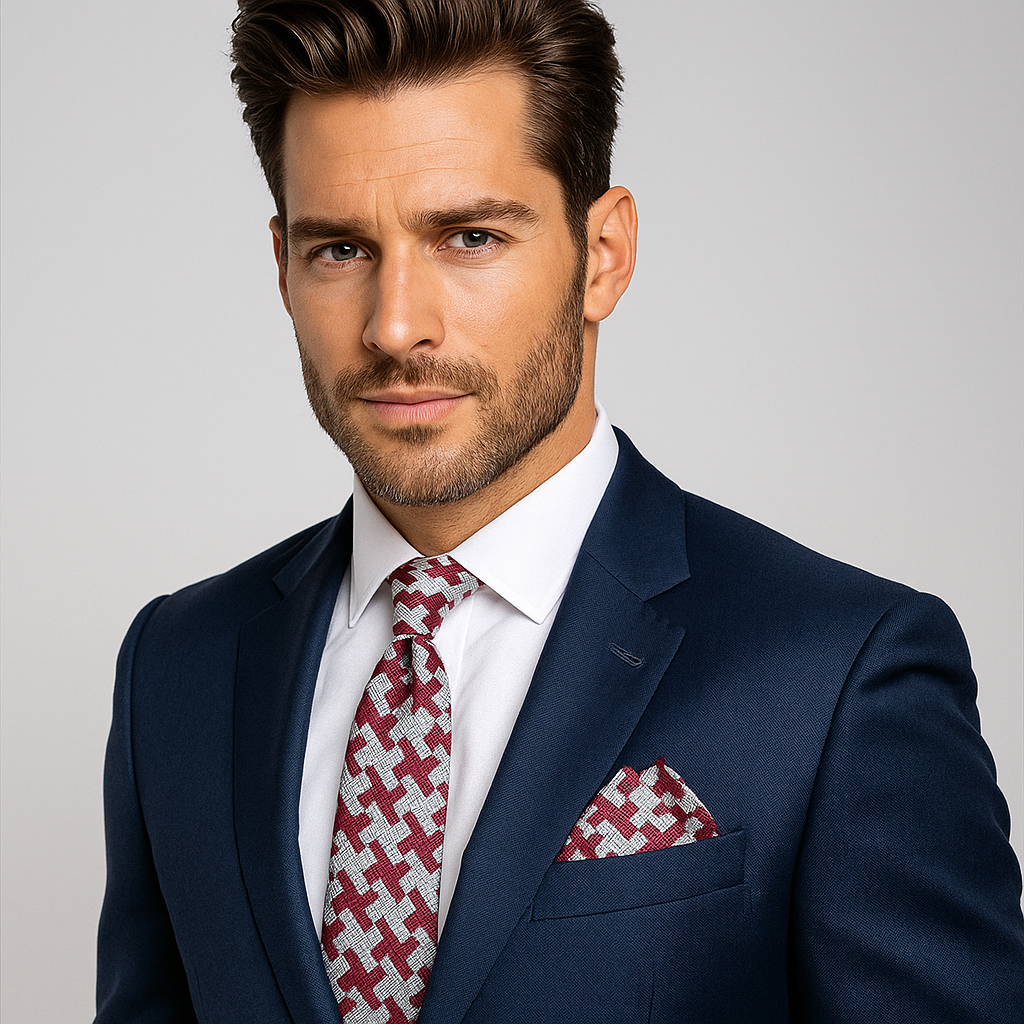 Main: Red, Grey Big Hounds-tooth Tie and Pocket Square