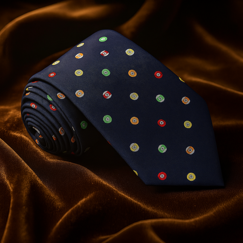 Navy blue tie with colorful polka dots on a brown fabric background