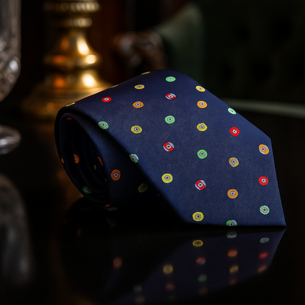 Navy blue tie with colorful circular pattern on a dark surface