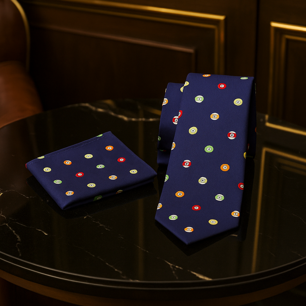 Navy blue tie with colorful dot pattern on a dark surface