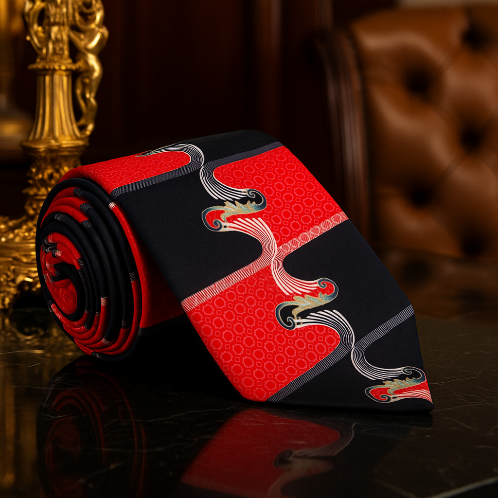 Red and black patterned tie on a reflective surface with a blurred background