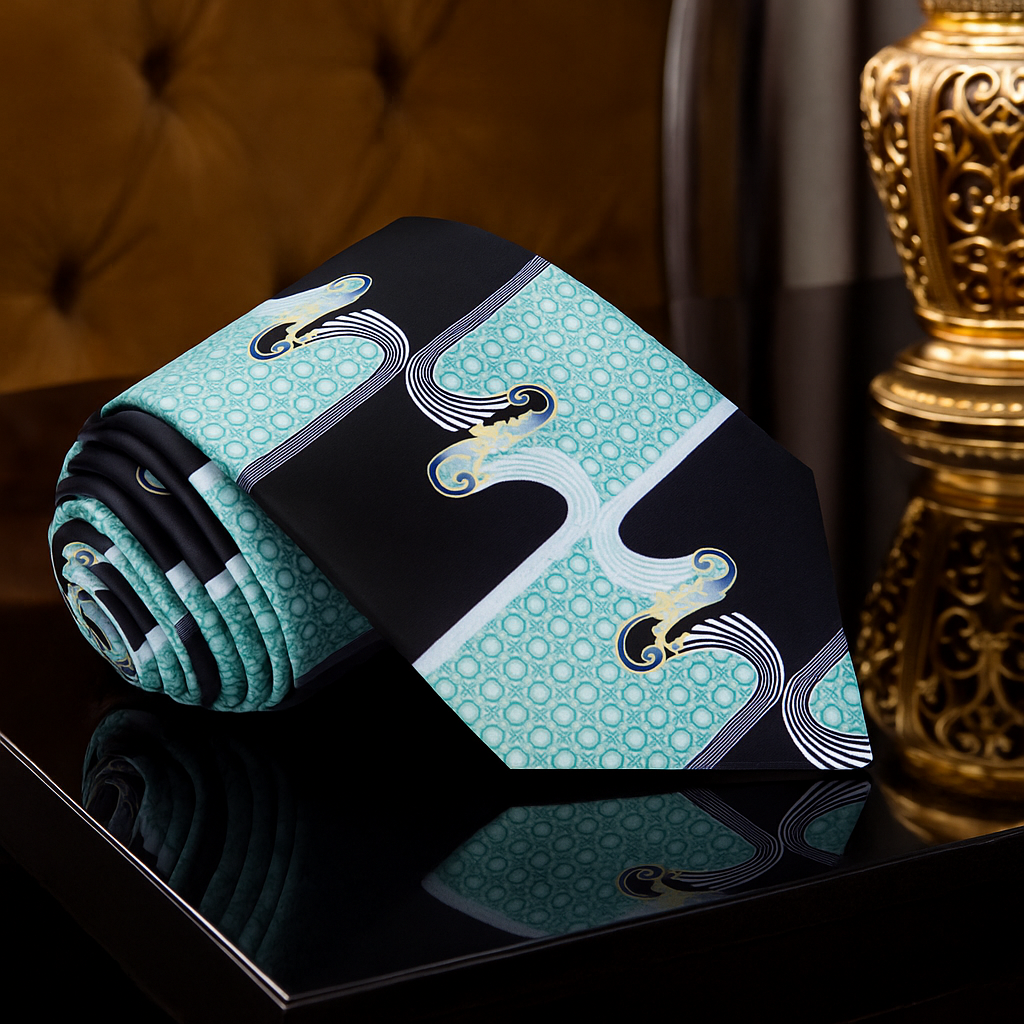 Folded fabric with decorative pattern on a reflective surface