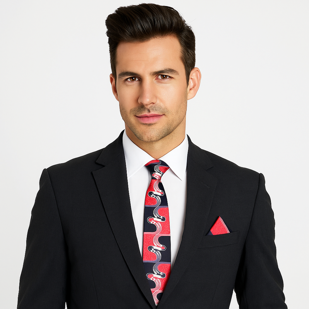 Man wearing a black suit with a red and black patterned tie and matching pocket square on a white background
