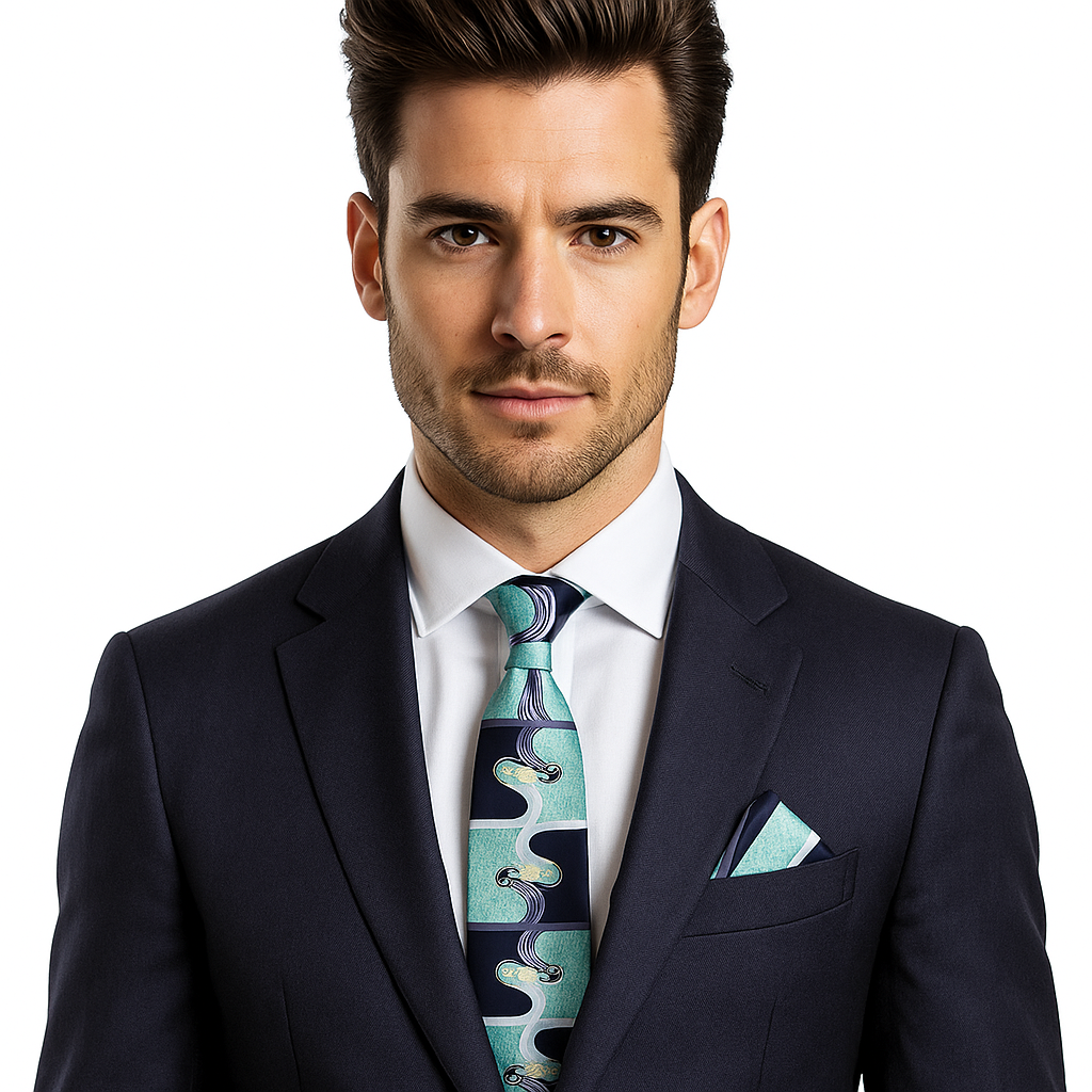 Man wearing a dark suit with a white shirt and a patterned tie on a white background