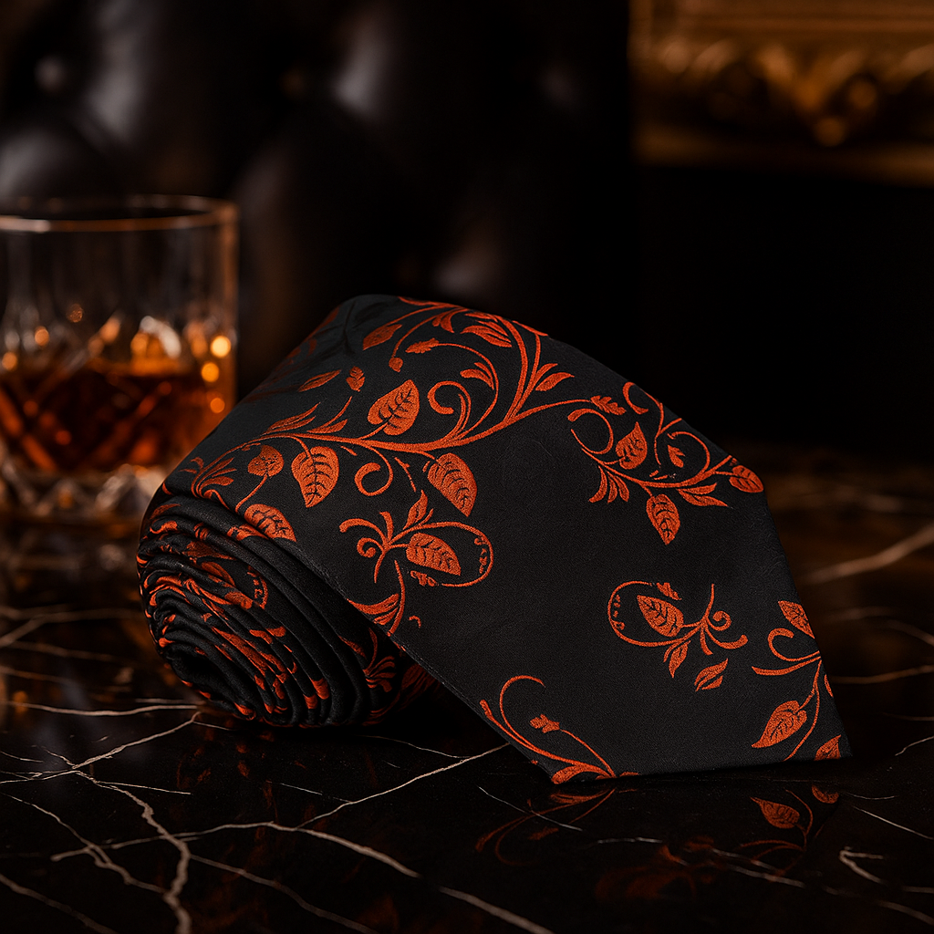 Black tie with orange floral pattern next to a glass of whiskey on a dark surface