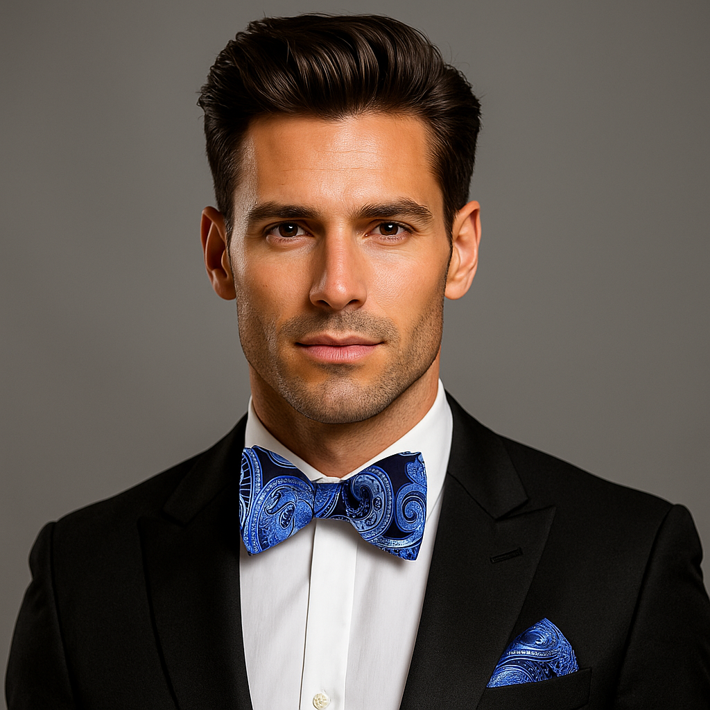 Man wearing a black suit with a white shirt and blue bow tie against a gray background