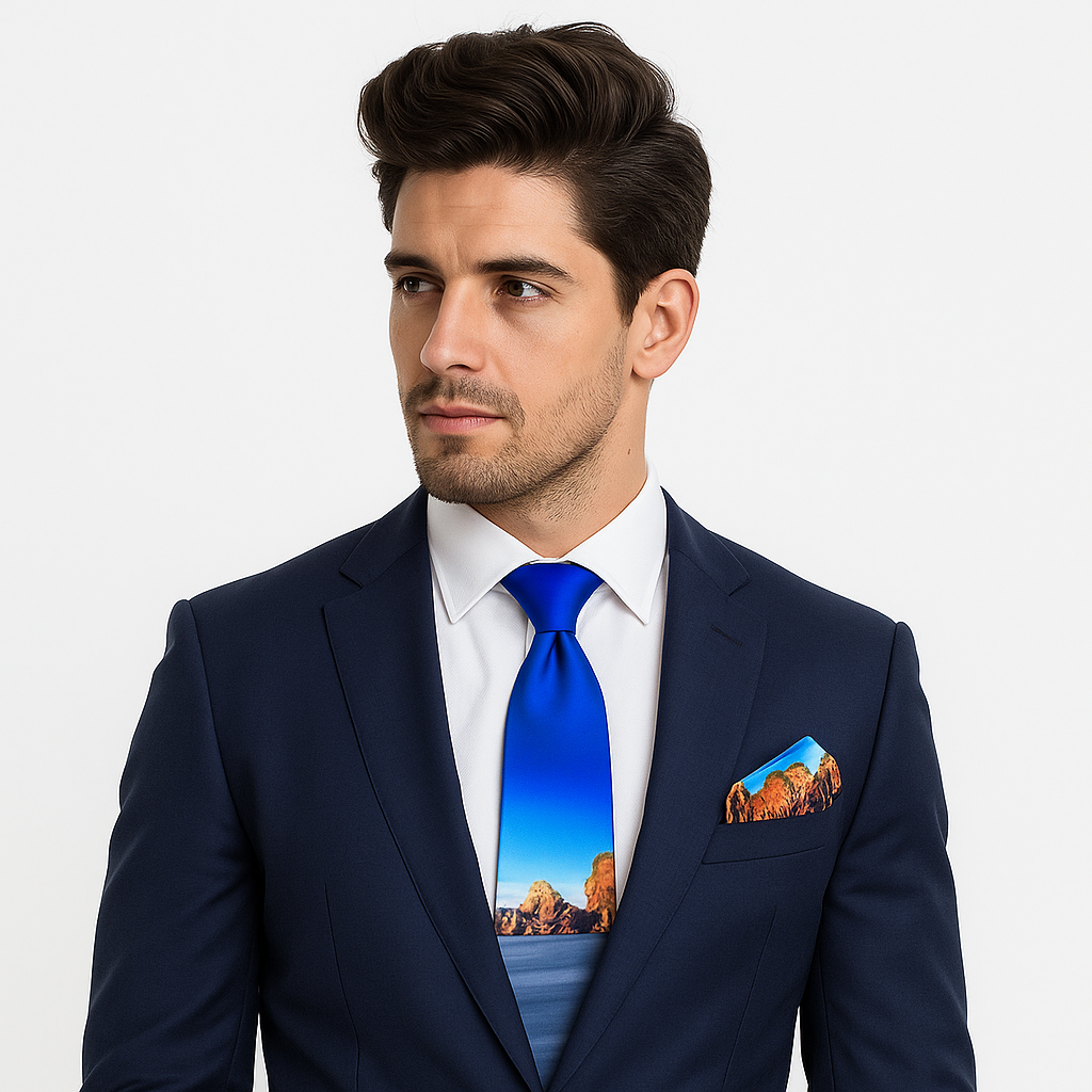 Man wearing a navy suit with a blue tie and scenic pocket square on a white background