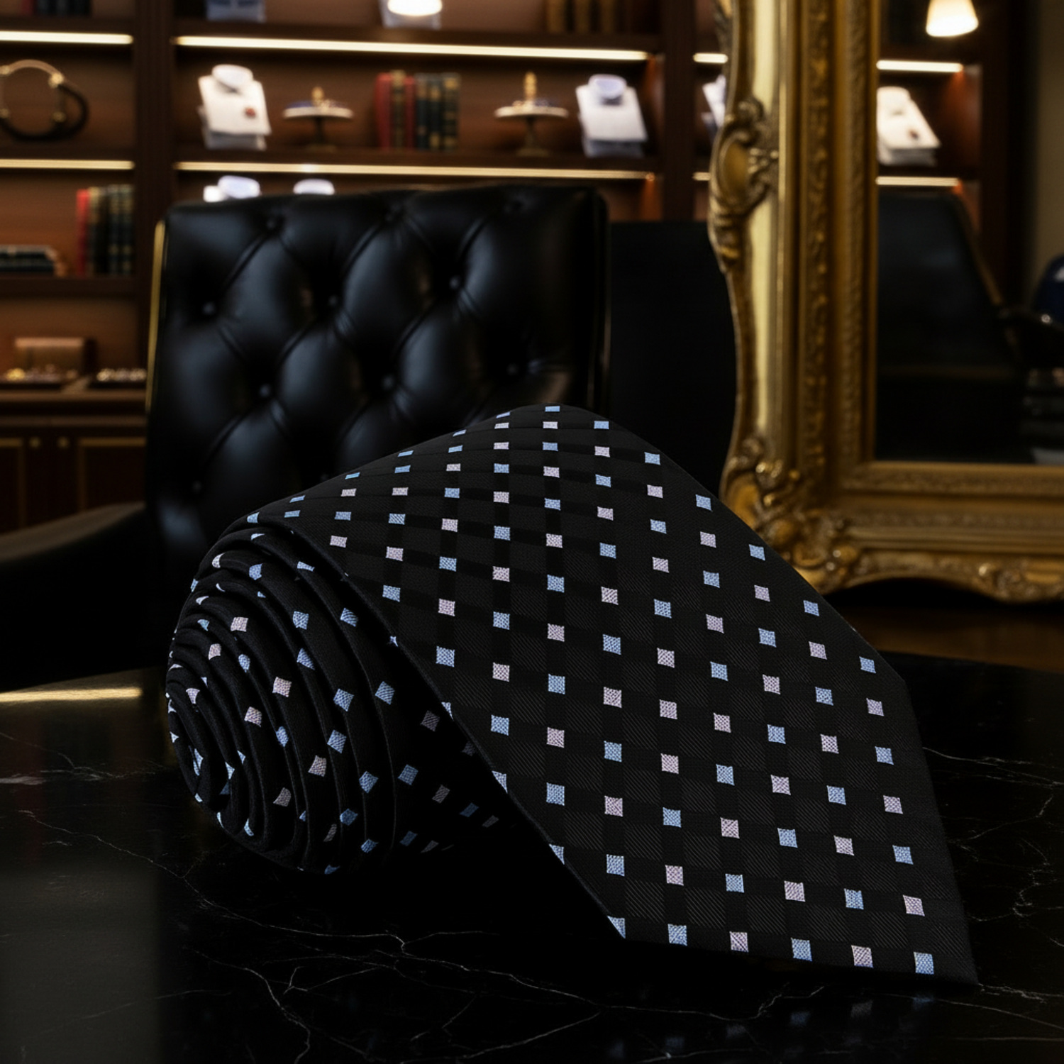 A Black, Light Blue, Light Grey Color Geometric Diamond Pattern Tie 