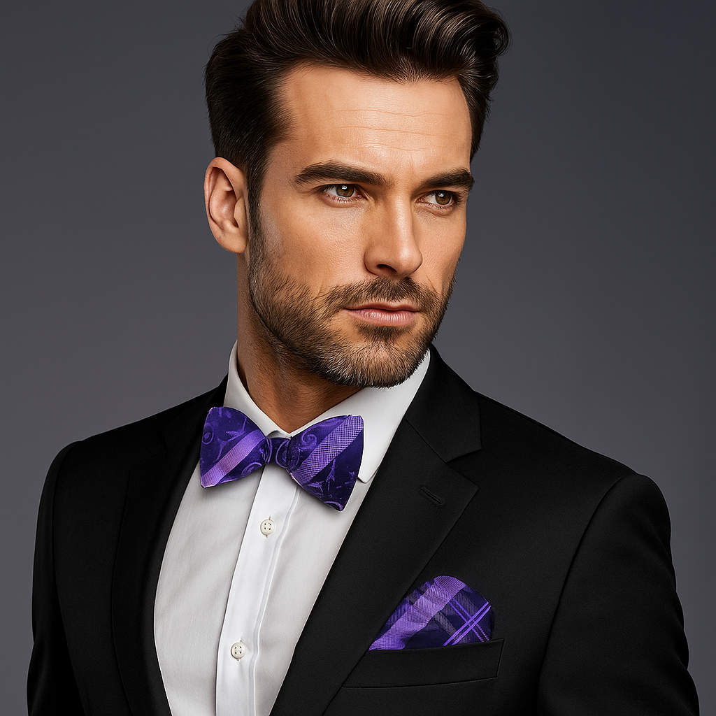 Man wearing a black suit with a purple bow tie and pocket square on a gray background