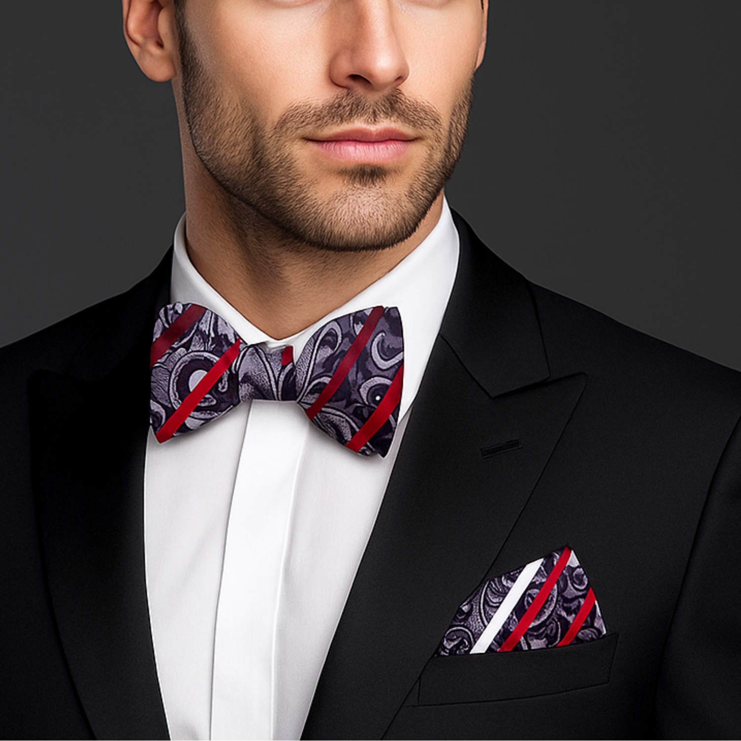 A Grey, Red Floral Pattern Self Tie Bow Tie and Square