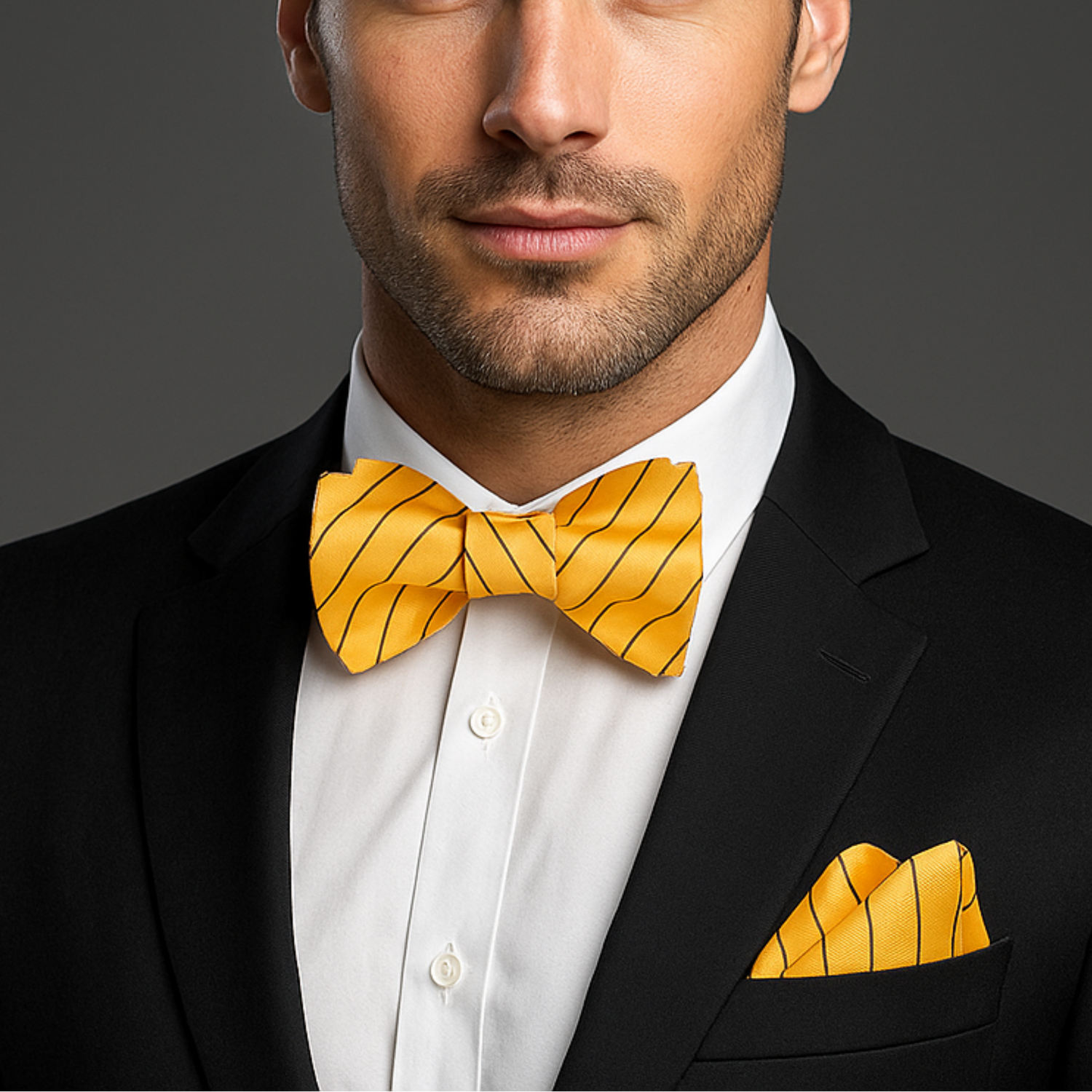 Man wearing a black suit with a yellow bow tie and pocket square on a gray background