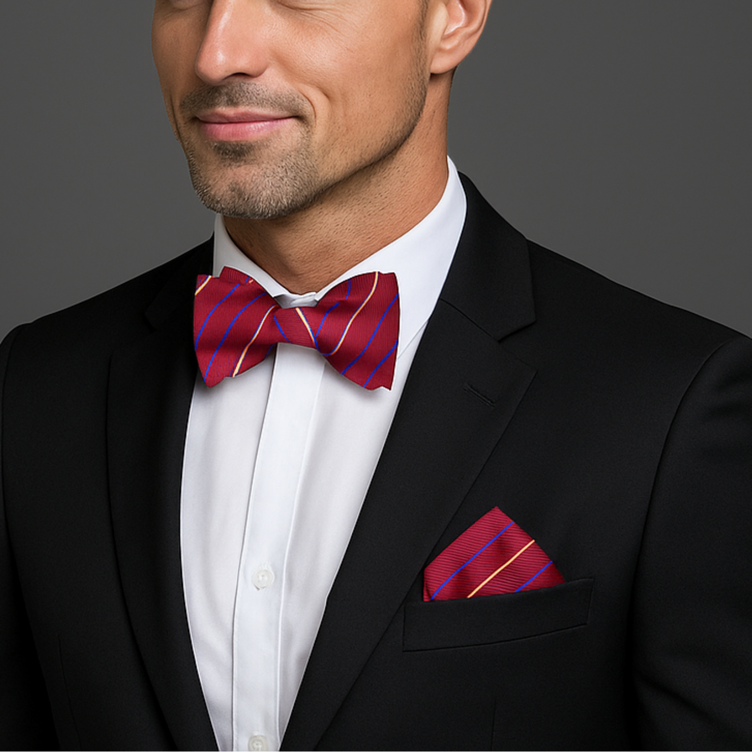Man wearing a black suit with a red plaid bow tie and pocket square on a gray background