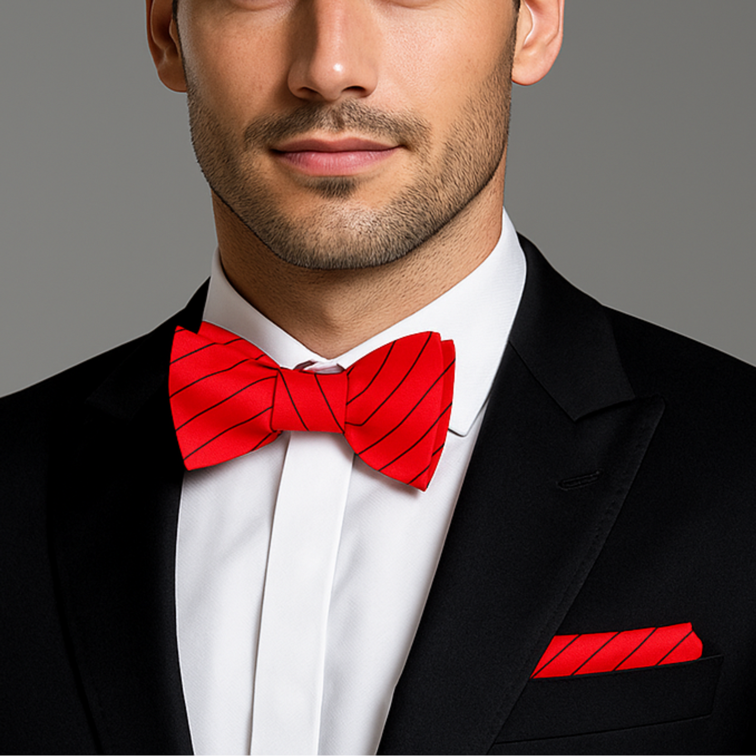 Man wearing a black suit with a red bow tie and pocket square on a gray background