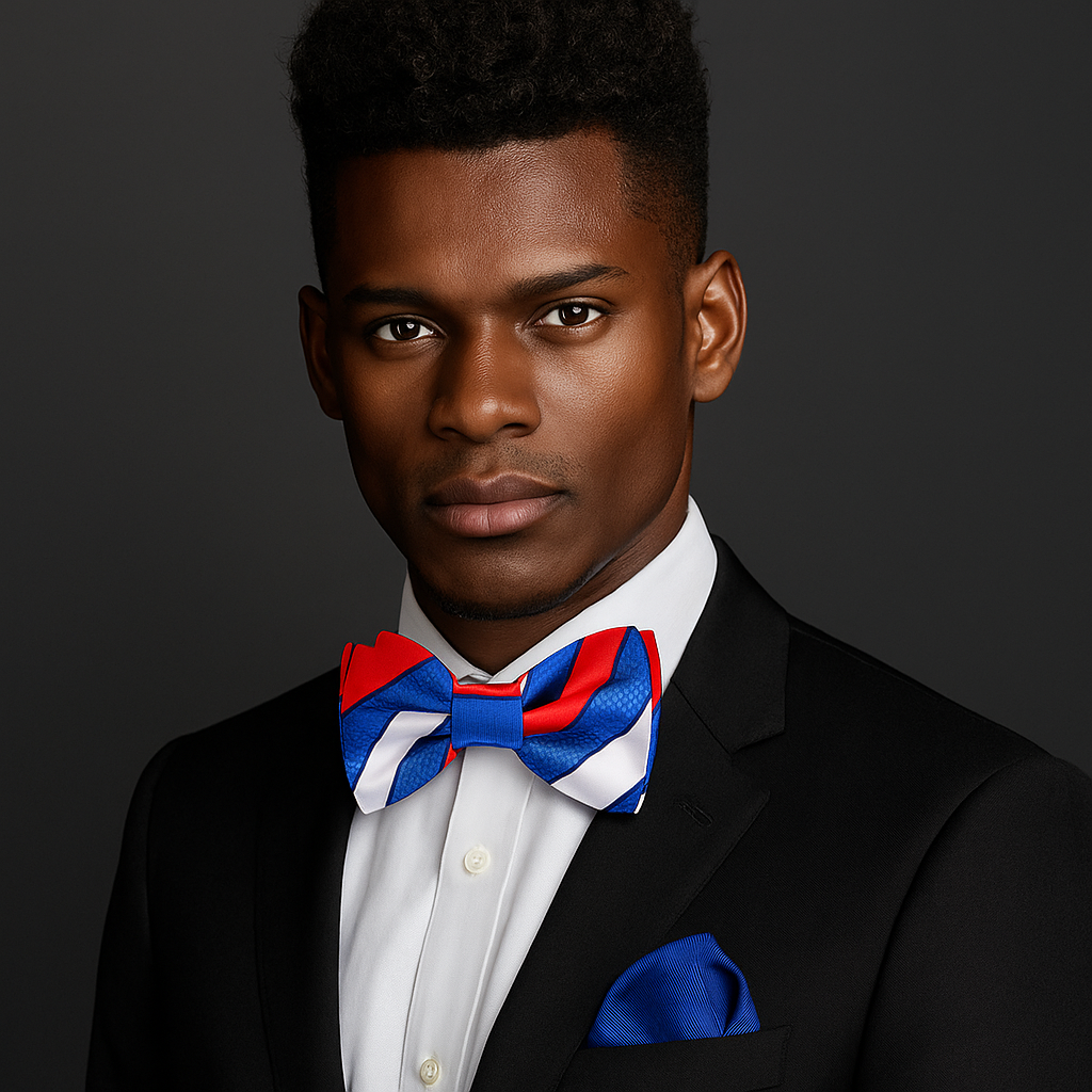 Man wearing a black suit with a red, white, and blue bow tie and pocket square on a dark background