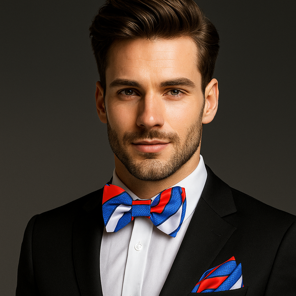 Man wearing a black suit with a colorful bow tie against a dark background