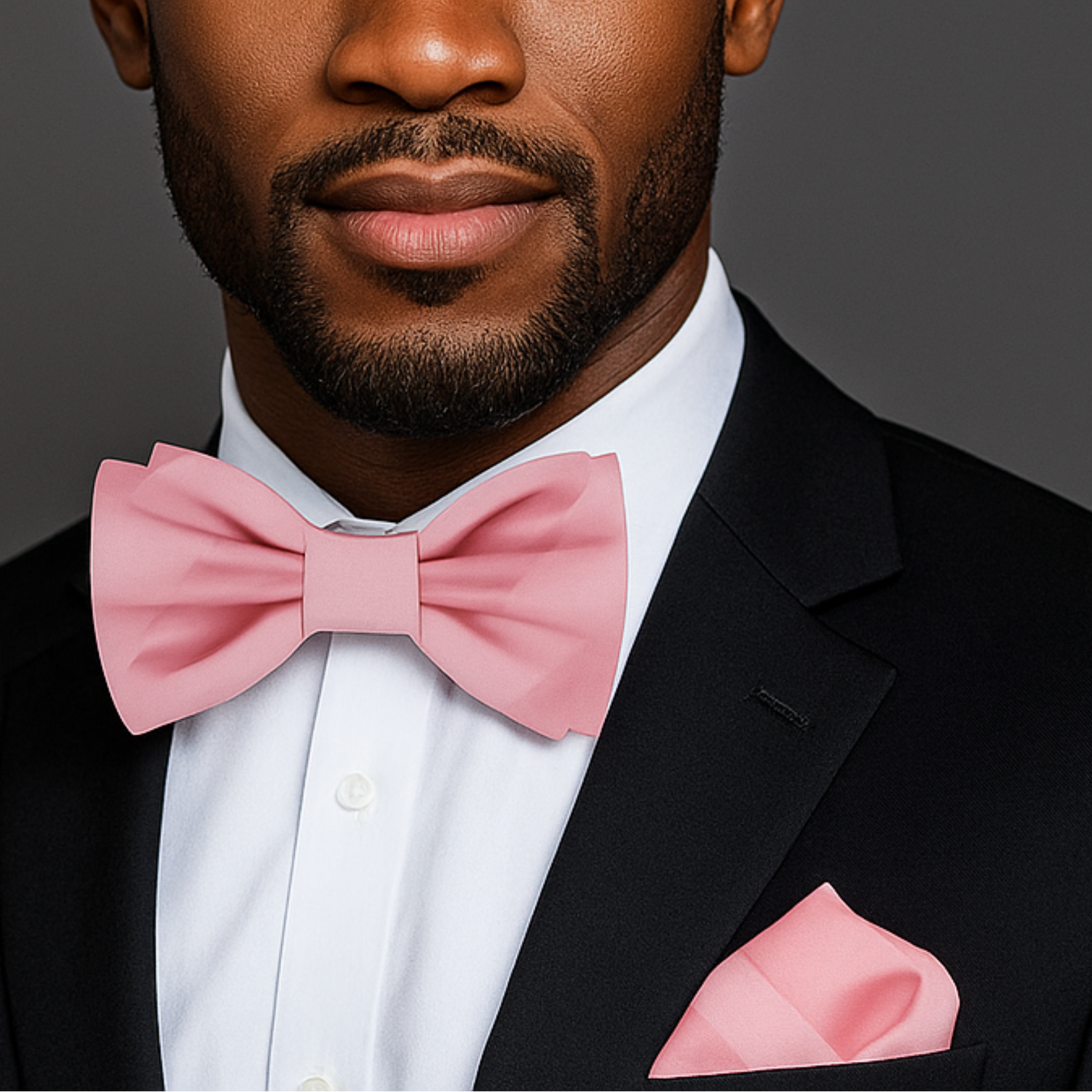 Man wearing a black suit with a pink bow tie and pocket square on a gray background