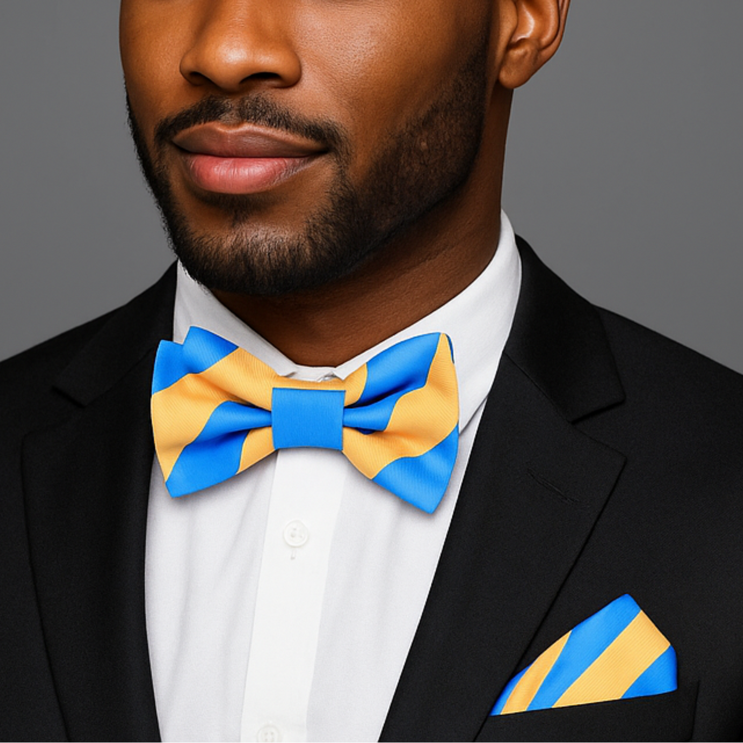 Blue, Yellow Block Stripe Bow Tie and Square
