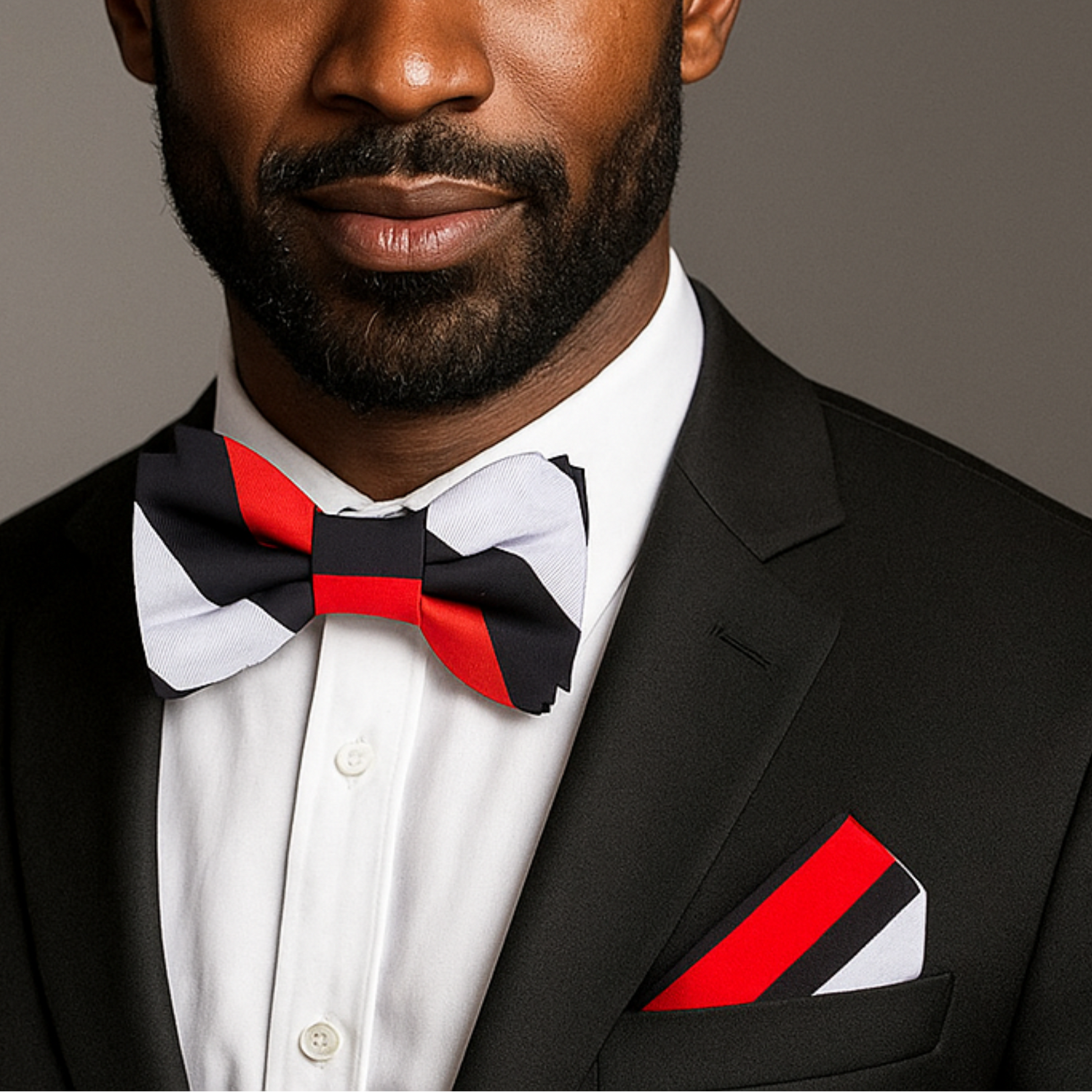 Man wearing a black suit with a red and black bow tie and pocket square against a gray background