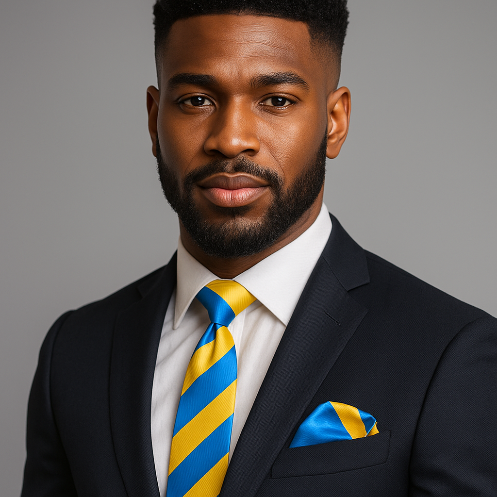 Man wearing a dark suit with a blue and yellow striped tie and pocket square on a gray background