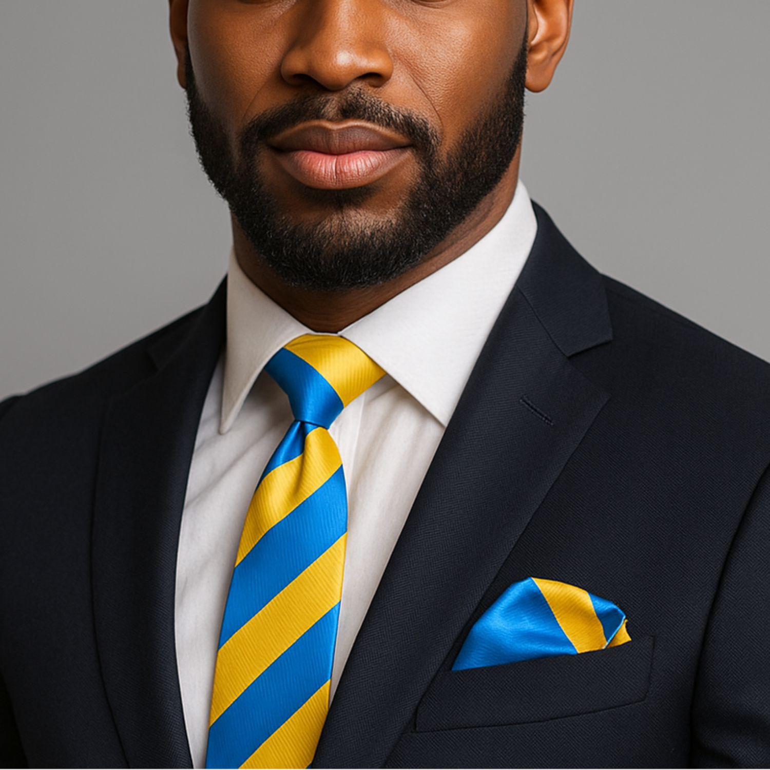 Man wearing a dark suit with a blue and yellow striped tie and pocket square on a gray background
